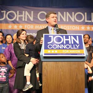 City Councillor At-Large John Connolly celebrates with supporters at Hibernian Hall in Roxbury. Photo courtesy Connolly campaign